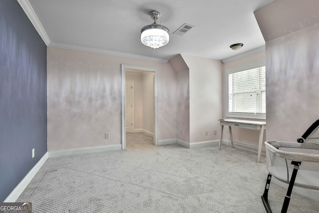 interior space featuring visible vents, ornamental molding, carpet, and baseboards