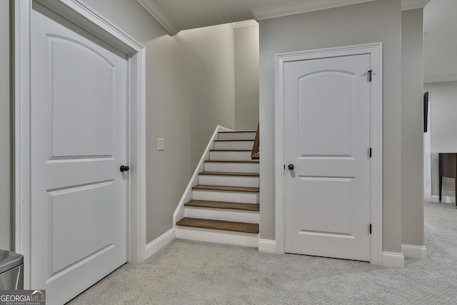 stairs featuring crown molding, baseboards, and carpet flooring