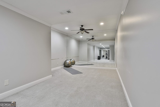 workout room with carpet flooring, crown molding, recessed lighting, baseboards, and visible vents