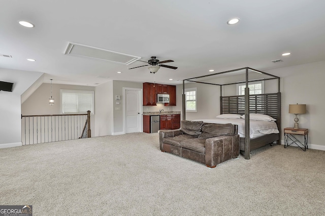 bedroom featuring attic access, visible vents, baseboards, light carpet, and recessed lighting