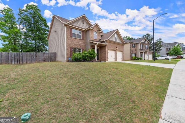 188 Lookout Way, Dallas, GA 30132 - view of front of property featuring a garage, a front lawn, fence, brick siding, and driveway