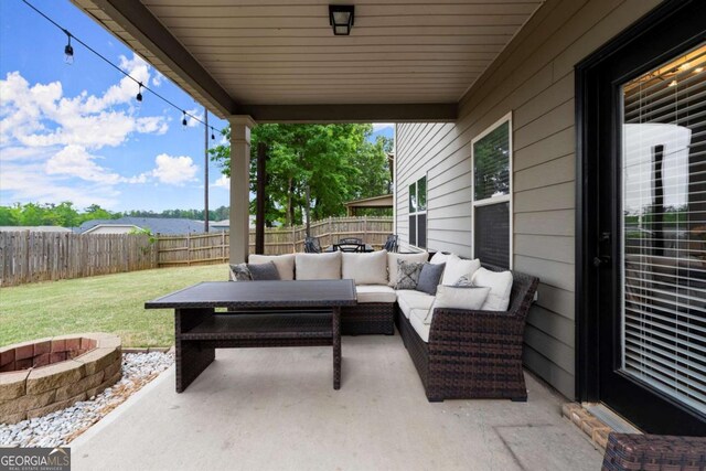 188 Lookout Way, Dallas, GA 30132 - view of patio / terrace featuring a fenced backyard and an outdoor living space with a fire pit