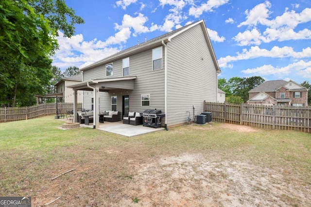 188 Lookout Way, Dallas, GA 30132 - rear view of property with outdoor lounge area, a fenced backyard, cooling unit, a patio area, and a yard