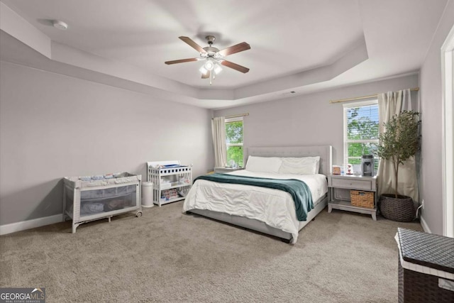 188 Lookout Way, Dallas, GA 30132 - bedroom with a raised ceiling, ceiling fan, baseboards, and carpet floors