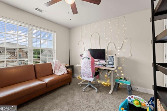 188 Lookout Way, Dallas, GA 30132 - home office with carpet flooring, a ceiling fan, baseboards, and visible vents