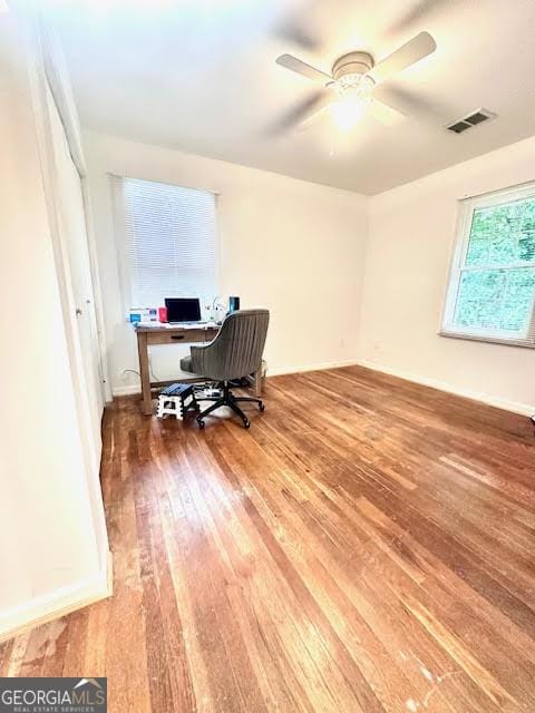 135 E Hill St Unit 12, Decatur, GA 30030 - office area with baseboards, a ceiling fan, hardwood / wood-style floors, and visible vents