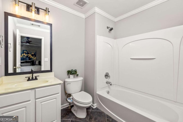 bathroom featuring baseboards, ornamental molding, toilet, and visible vents