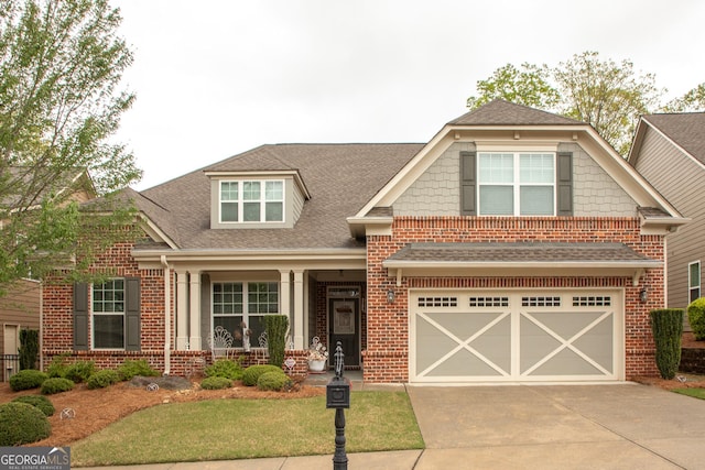 3508 Blue Spruce Ct SW, Gainesville, GA 30504 - craftsman-style house with driveway, brick siding, a garage, a shingled roof, and a front yard
