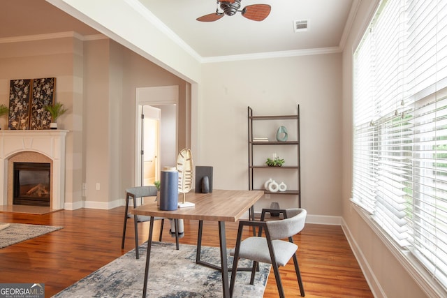 3508 Blue Spruce Ct SW, Gainesville, GA 30504 - office with a ceiling fan, wood finished floors, crown molding, a fireplace with flush hearth, and baseboards