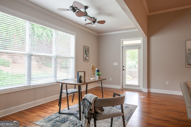 3508 Blue Spruce Ct SW, Gainesville, GA 30504 - home office featuring ceiling fan, wood finished floors, baseboards, and crown molding