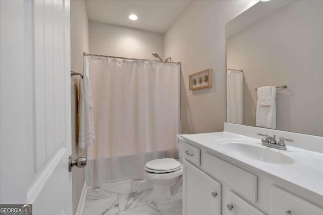 bathroom with vanity, marble finish floor, toilet, recessed lighting, and shower / bath combo