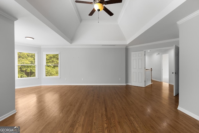 679 Gold Valley Pass, Canton, GA 30114 - unfurnished living room featuring a ceiling fan, crown molding, wood finished floors, baseboards, and lofted ceiling