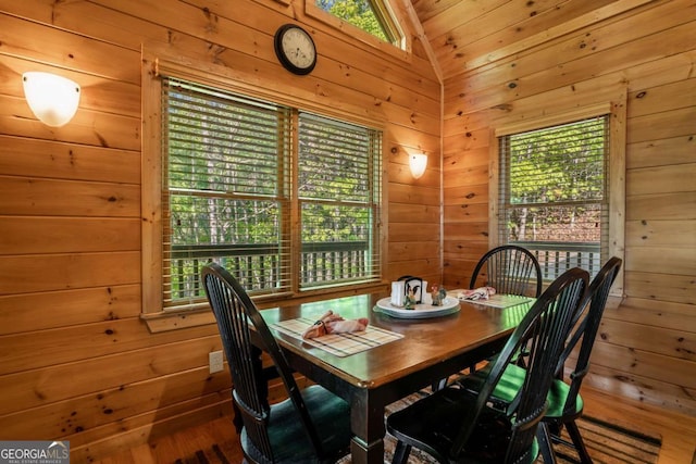 433 Spruce Cir, Mineral Bluff, GA 30559 - dining space featuring wood walls, a healthy amount of sunlight, lofted ceiling, and wood finished floors
