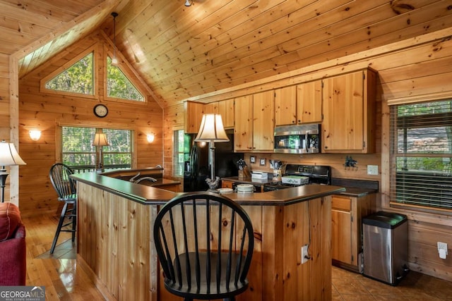 433 Spruce Cir, Mineral Bluff, GA 30559 - kitchen featuring wooden walls, wood ceiling, black appliances, and dark countertops