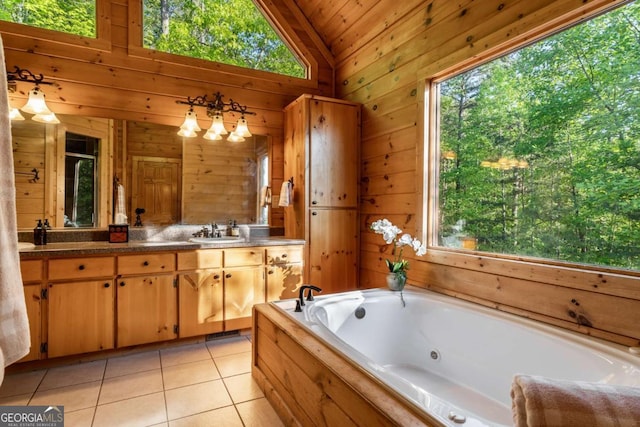 433 Spruce Cir, Mineral Bluff, GA 30559 - full bath with double vanity, a sink, tile patterned floors, lofted ceiling, and wooden walls