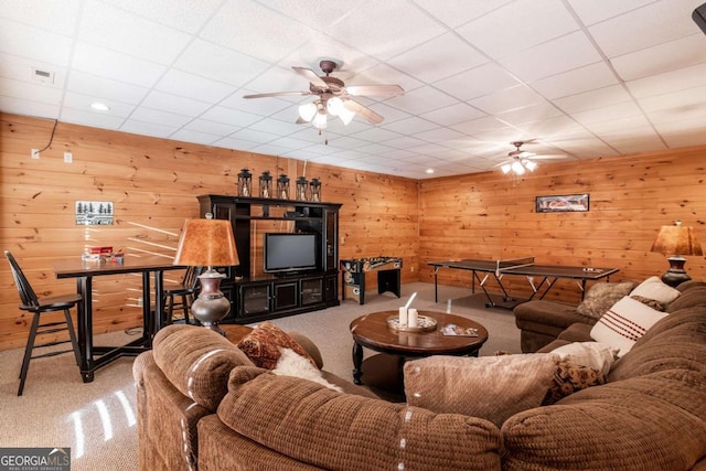 433 Spruce Cir, Mineral Bluff, GA 30559 - living room with carpet floors, wood walls, and ceiling fan