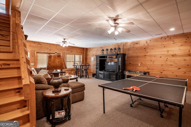433 Spruce Cir, Mineral Bluff, GA 30559 - rec room featuring carpet floors, a ceiling fan, a paneled ceiling, and wooden walls