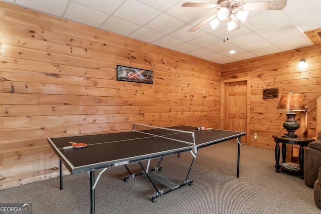 433 Spruce Cir, Mineral Bluff, GA 30559 - rec room with carpet floors, a ceiling fan, a paneled ceiling, and wooden walls
