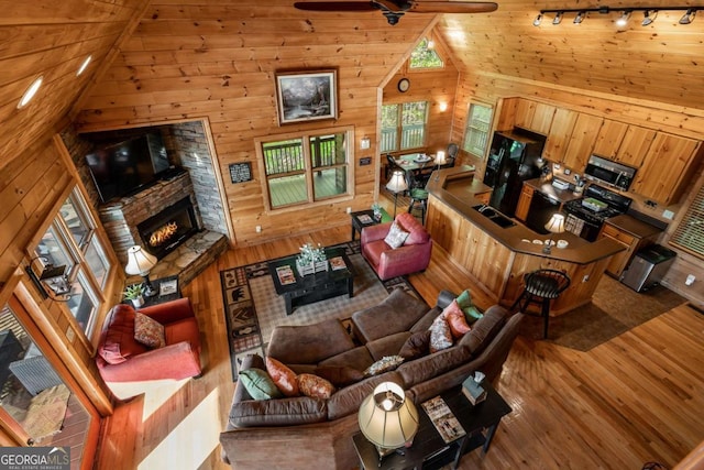 433 Spruce Cir, Mineral Bluff, GA 30559 - living area with ceiling fan, a stone fireplace, wood walls, and wood finished floors