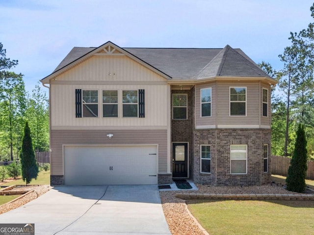 view of front of home featuring an attached garage, fence, driveway, and brick siding