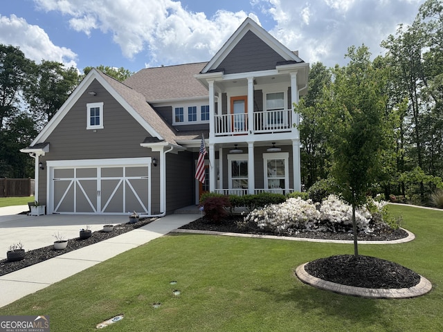 view of front of home with a front lawn, a garage, concrete driveway, a balcony, and covered porch