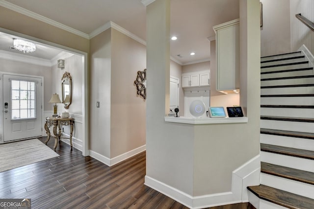 6413 Maple Park Ln, Hoschton, GA 30548 - entryway with crown molding, dark wood finished floors, stairway, baseboards, and recessed lighting