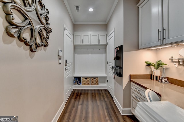 6413 Maple Park Ln, Hoschton, GA 30548 - mudroom with visible vents, ornamental molding, dark wood-style flooring, baseboards, and recessed lighting