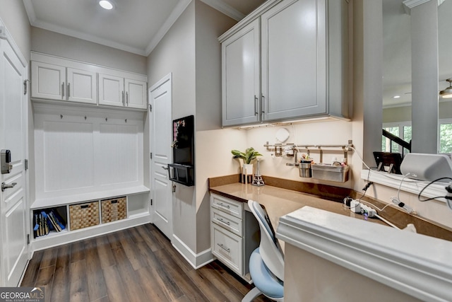 6413 Maple Park Ln, Hoschton, GA 30548 - office area with crown molding, recessed lighting, baseboards, and dark wood-style flooring