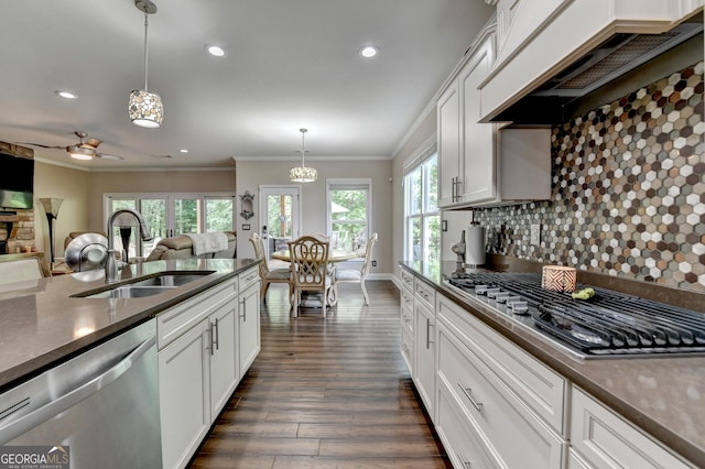 6413 Maple Park Ln, Hoschton, GA 30548 - kitchen featuring pendant lighting, custom range hood, a sink, ornamental molding, and stainless steel appliances