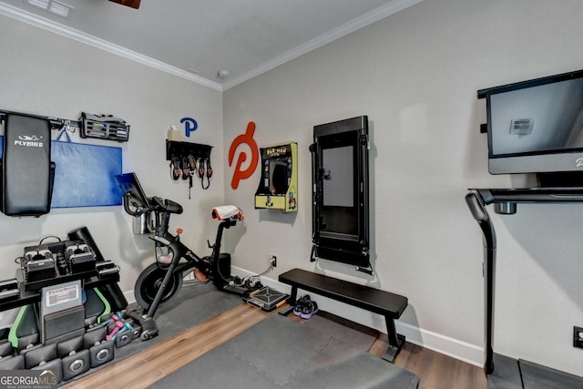 6413 Maple Park Ln, Hoschton, GA 30548 - workout room featuring crown molding, baseboards, and wood finished floors