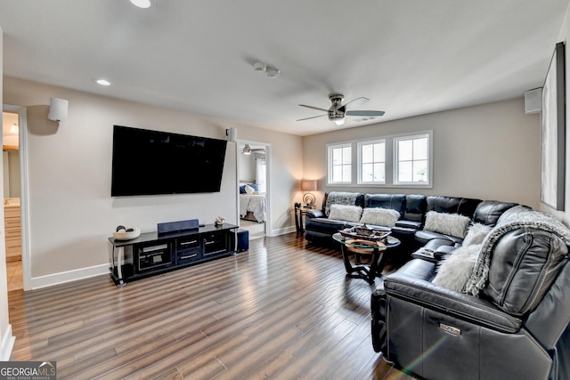 6413 Maple Park Ln, Hoschton, GA 30548 - living area with baseboards, a ceiling fan, recessed lighting, and wood finished floors