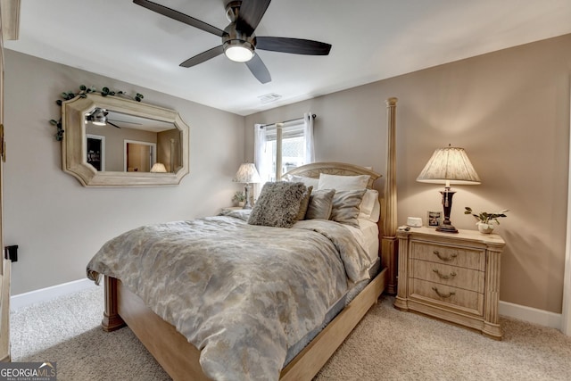 6413 Maple Park Ln, Hoschton, GA 30548 - bedroom with baseboards, visible vents, a ceiling fan, and light colored carpet