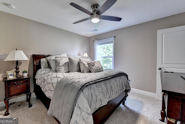 6413 Maple Park Ln, Hoschton, GA 30548 - bedroom featuring baseboards, visible vents, light carpet, and ceiling fan
