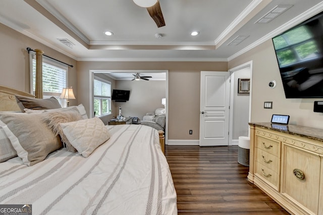 6413 Maple Park Ln, Hoschton, GA 30548 - bedroom featuring visible vents, a raised ceiling, crown molding, and dark wood-style floors