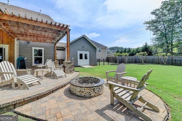 6413 Maple Park Ln, Hoschton, GA 30548 - view of patio / terrace featuring a fenced backyard, an outdoor fire pit, and a pergola