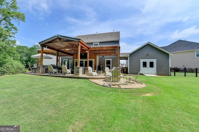 6413 Maple Park Ln, Hoschton, GA 30548 - back of house featuring fence, a pergola, a patio area, french doors, and a lawn