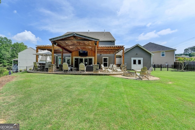 6413 Maple Park Ln, Hoschton, GA 30548 - back of house with fence, a pergola, a patio area, a lawn, and an outdoor fire pit