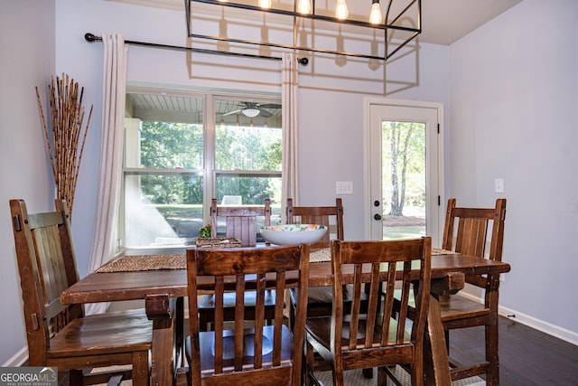 dining space with baseboards, dark wood finished floors, and ceiling fan
