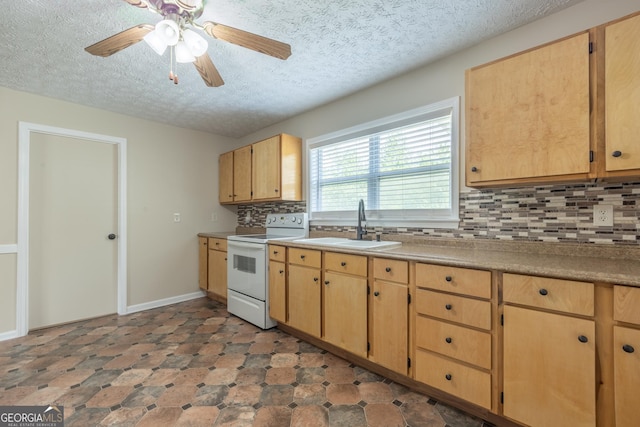 kitchen with a ceiling fan, white electric range, a textured ceiling, tasteful backsplash, and a sink