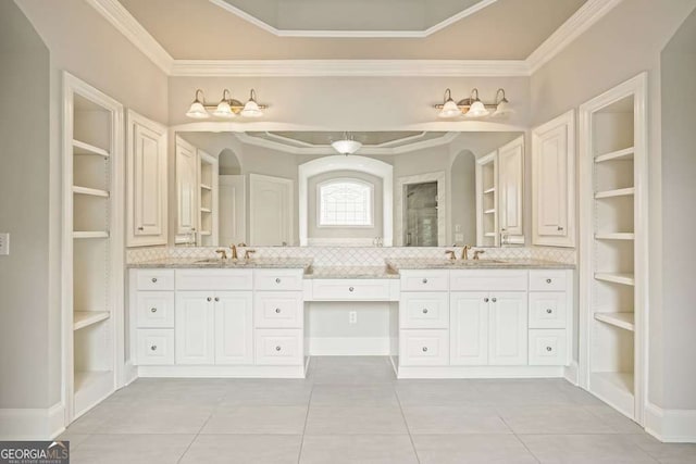 3689 Spring Hill Rd SE, Smyrna, GA 30080 - full bathroom with tile patterned flooring, ornamental molding, backsplash, and vanity