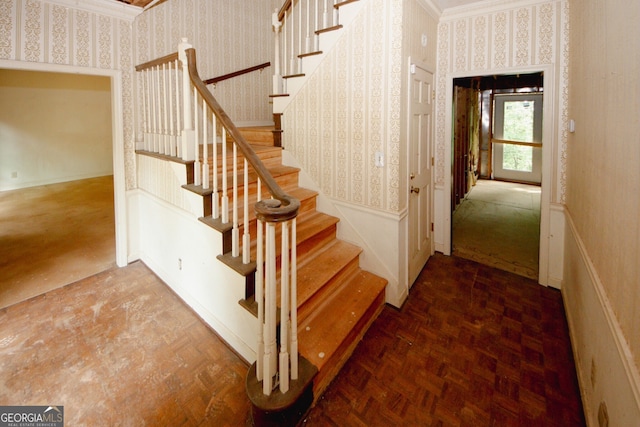 110 Vistacrest Way, Roswell, GA 30075 - staircase with crown molding and wallpapered walls