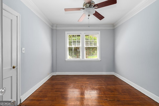 unfurnished room featuring crown molding, baseboards, a ceiling fan, and hardwood / wood-style flooring
