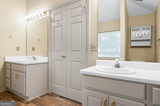 full bath featuring two vanities, a sink, and wood finished floors