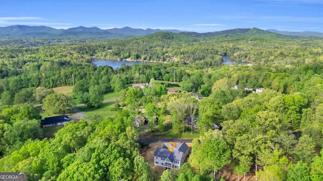 bird's eye view featuring a water and mountain view and a wooded view