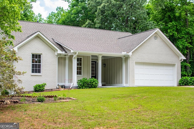 ranch-style home with a garage, a front yard, brick siding, a shingled roof, and a porch