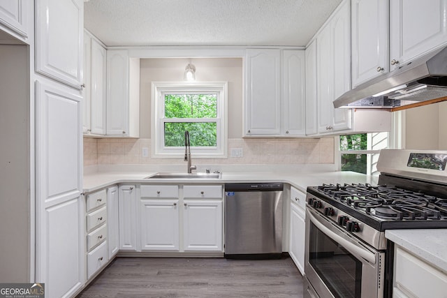 kitchen featuring white cabinets, a sink, stainless steel appliances, tasteful backsplash, and under cabinet range hood