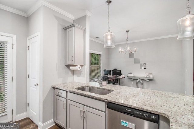 7762 Fawn Cir, Covington, GA 30014 - kitchen featuring stainless steel dishwasher, ornamental molding, dark wood-type flooring, gray cabinets, and light stone counters
