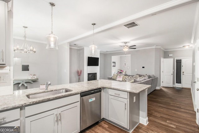 7762 Fawn Cir, Covington, GA 30014 - kitchen featuring dishwasher, crown molding, dark wood-style flooring, light stone countertops, and a ceiling fan