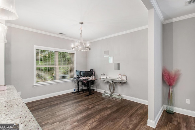7762 Fawn Cir, Covington, GA 30014 - office space featuring wood finished floors, ornamental molding, and a chandelier