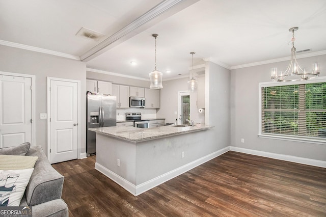 7762 Fawn Cir, Covington, GA 30014 - kitchen featuring stainless steel appliances, ornamental molding, dark wood-style flooring, light stone countertops, and a chandelier
